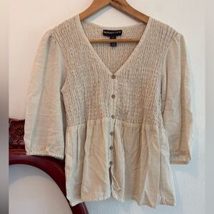Vintage Marianne Tan Smocked Long Sleeve Button Down Cotton Blend Boho Top